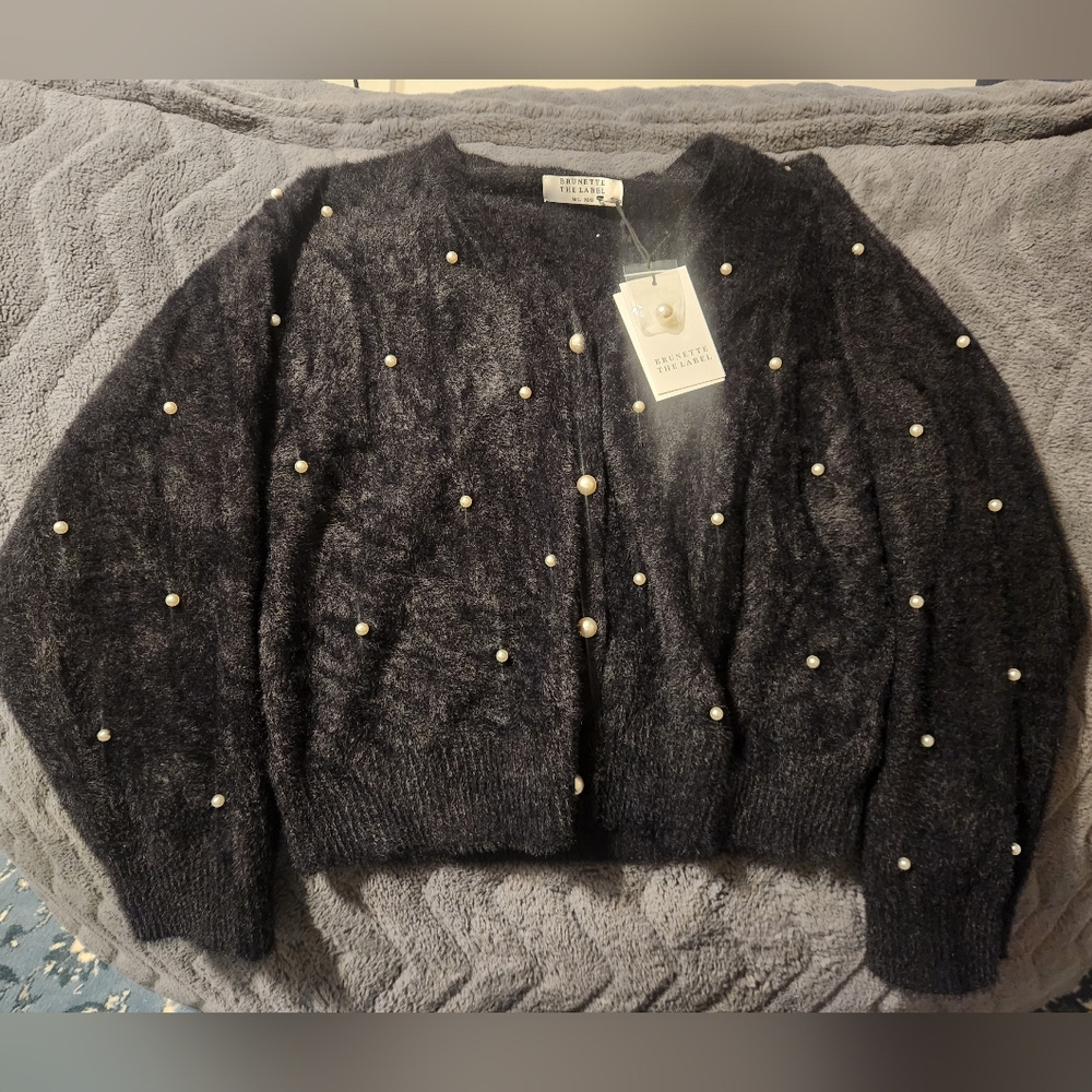 Brunette The Label Pearl Embellished Eyelash Cardigan